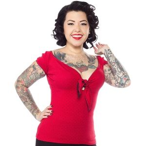 HELL BUNNY CILLA TOP RED/BLK POLKA DOT